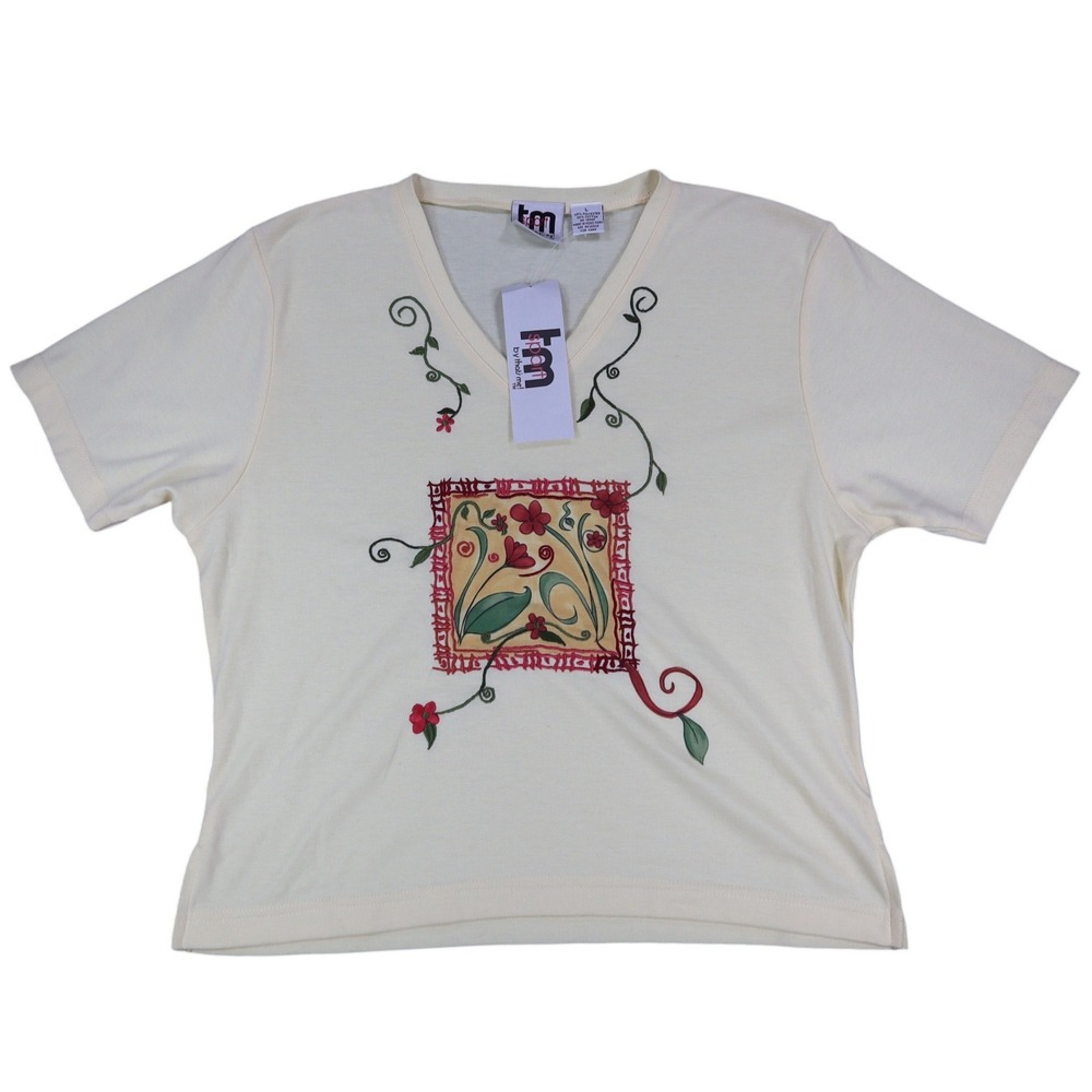 TM Sport by That's Me V-Neck Top Large Vintage Y2K Yellow Floral Embroidered NWT